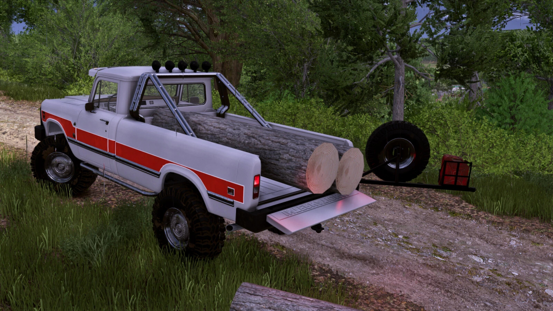 Farming Simulator 25 mod featuring a white pickup truck with logs in the truck bed, attached to a log trailer with a spare tire, part of the IH 200 Series Custom v1.0.0.0.