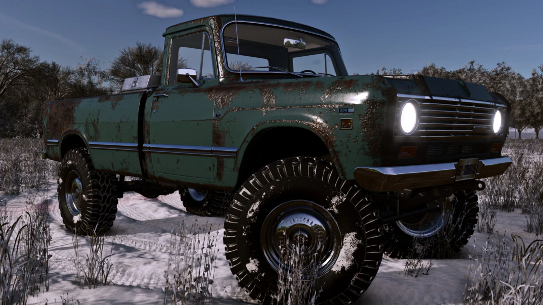 Rusty off-road truck with large tires in a snowy field, featuring the IH 200 Series Custom v1.0.0.0 mod from Farming Simulator 25.