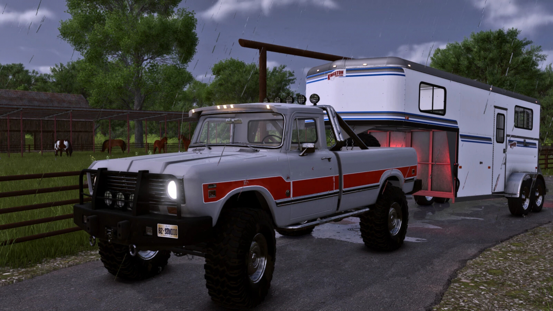 Farming Simulator 25 mod: Classic pickup truck towing a horse trailer in rainy weather with horses in the background.