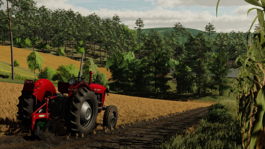 Farming Simulator 22 mod featuring red tractor and plow equipment working in a lush farm landscape with trees and crops.