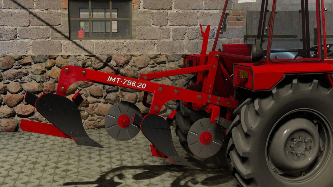 Red IMT Plows Pack V1.0.0.0 mod attached to a tractor in Farming Simulator 22, with stone wall background and detailed equipment.