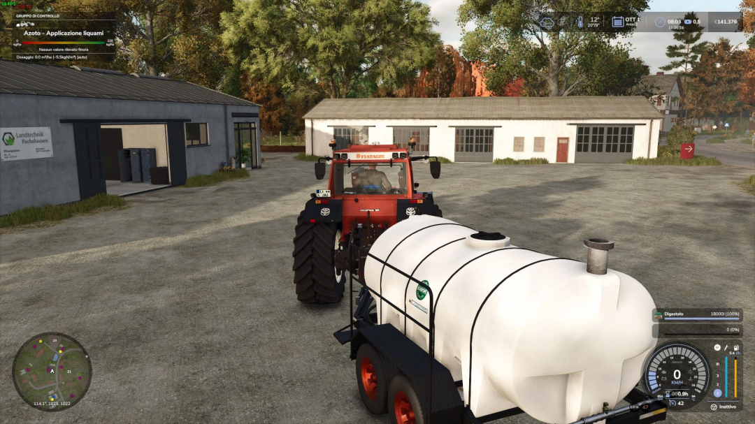 Farming Simulator 25 mod image showing a tractor with a large white tank for irrigation in the game Farming Simulator 25.