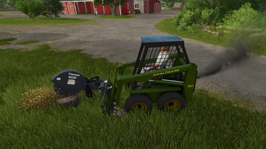 Farming Simulator 25 mod showcasing a John Deere JD90 Skid Steer Loader in action, clearing grass near a farm building.