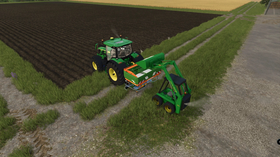 Farming Simulator 25 mod showcasing a JD90 Skid Steer Loader working near a cultivated field.
