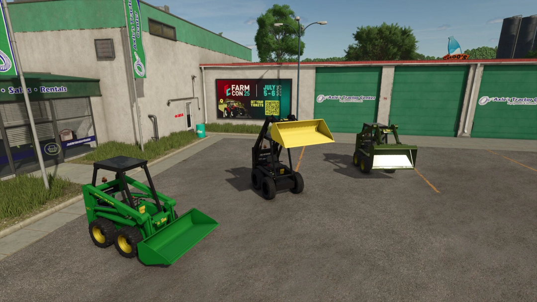 Three John Deere skid steer loaders in a parking lot at Axle's Tractor Center from Farming Simulator 25 mods.
