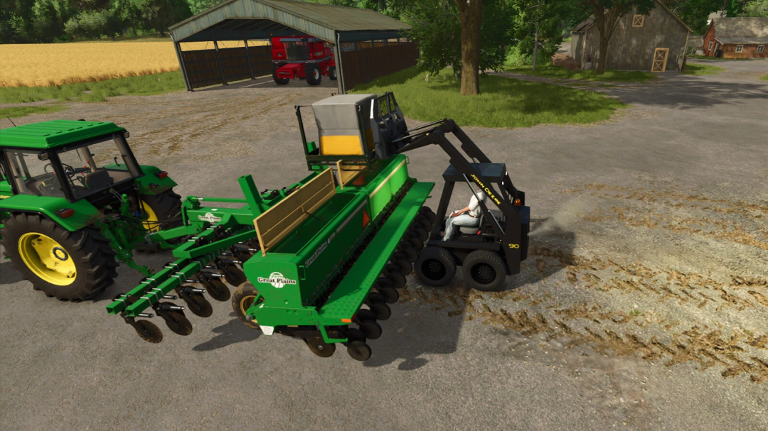 Farming Simulator 25 mod image showing a green Great Plains seed drill attached to a John Deere skid steer loader in a farmyard