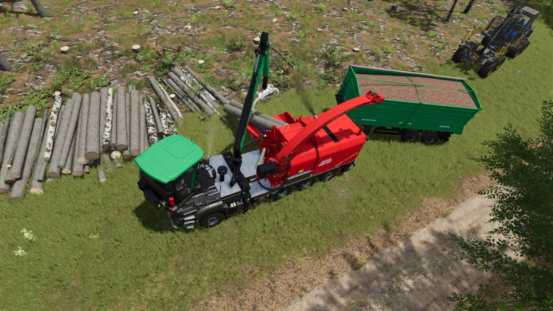 Farming Simulator 25 mod: a wood chipper with a red and green trailer, used for processing logs into wood chips on a farm.