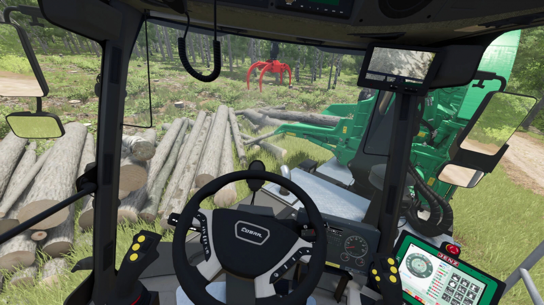 Inside view of a Farming Simulator 25 mod tractor with logs and forestry equipment, including a JENZ HEM 922 DQ Cobra Hybrid v1.0.0.0 mod.