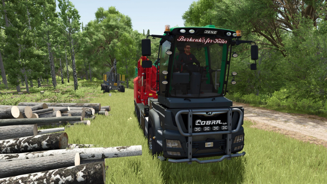 Farming Simulator 25 mod: JENZ HEM 922 DQ Cobra Hybrid v1.0.0.0, a detailed forestry harvester in a lush forest setting.