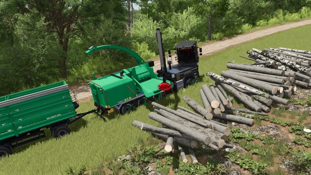 Farming Simulator 25 mod: JENZ HEM 922 DQ Cobra Hybrid in a forest clearing with logs and machinery.