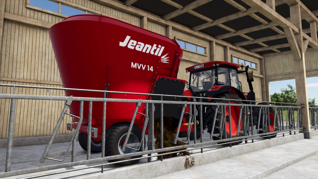 Farming Simulator 25 mod: tractor with Jeantil MVV14D fertilizer spreader inside a farm shed.