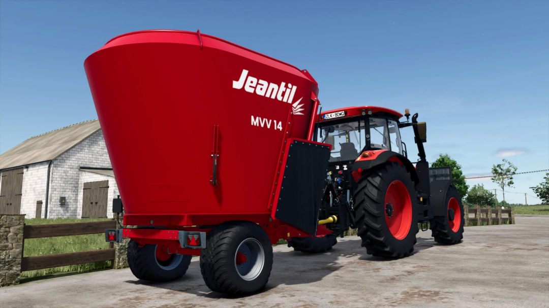 Farming Simulator 25 mod image of a red Jeantil MVV14D fertilizer spreader attached to a tractor.
