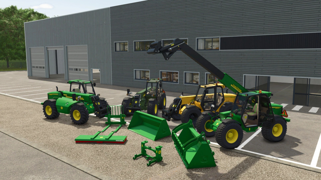 Farming Simulator 25 mods featuring a John Deere 3400 Pack including tractors and attachments outside a modern warehouse.