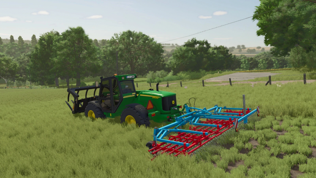 John Deere 3400 tractor with tillage implement in a lush green field, Farming Simulator 25 mod.