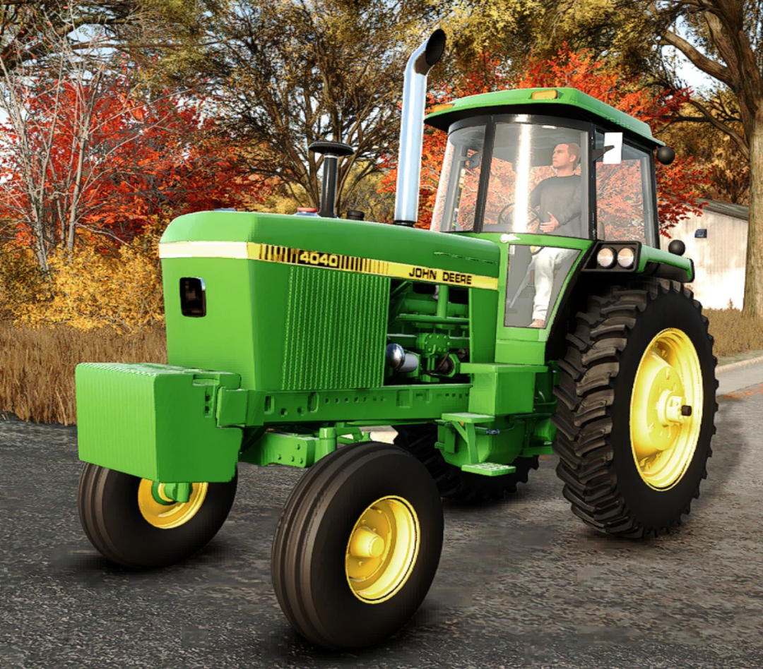 Farming Simulator 25 mod featuring a John Deere 4040 series tractor in a fall landscape scene.