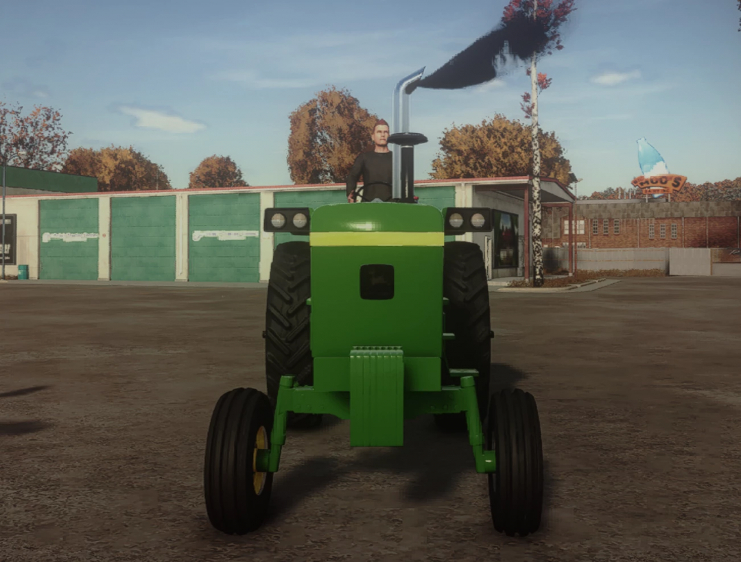 Farming Simulator 25 mod showcasing a green John Deere 40 series tractor with a person driving and smoke emitting from the exhaust pipe.