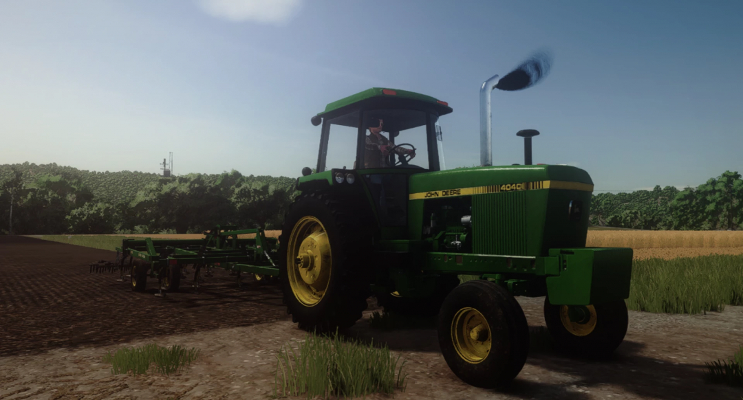 Farming Simulator 25 mod featuring a John Deere 4040 tractor with a cultivator attachment, showcasing realistic farming gameplay.