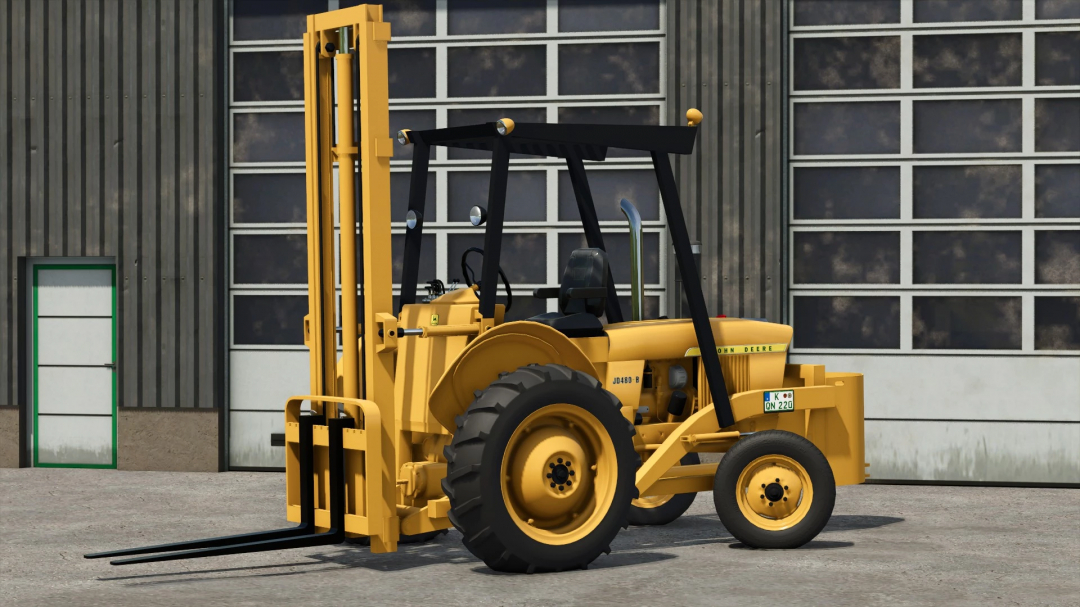 Yellow John Deere forklift in Farming Simulator 25, featuring realistic details for FS25 mods.