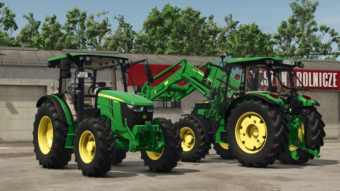 Two green John Deere tractors with front loaders, used as FS25 mods in Farming Simulator 25.