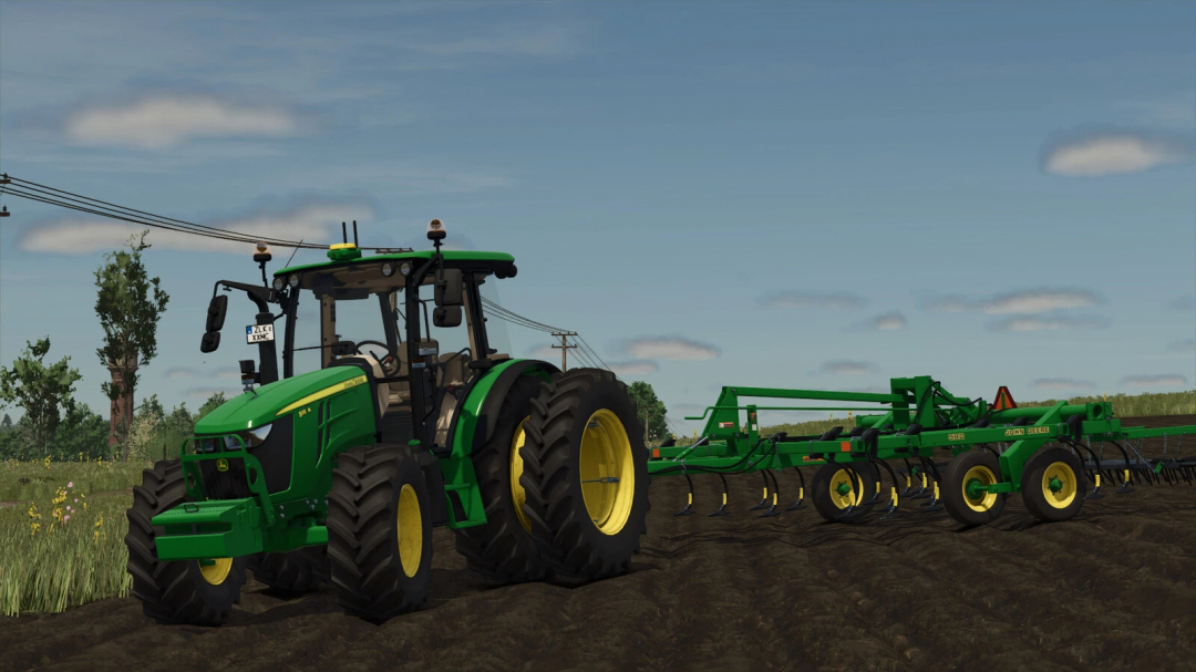 Farming Simulator 25 mod: John Deere 5M Series tractor with seeder attached on a farm field.