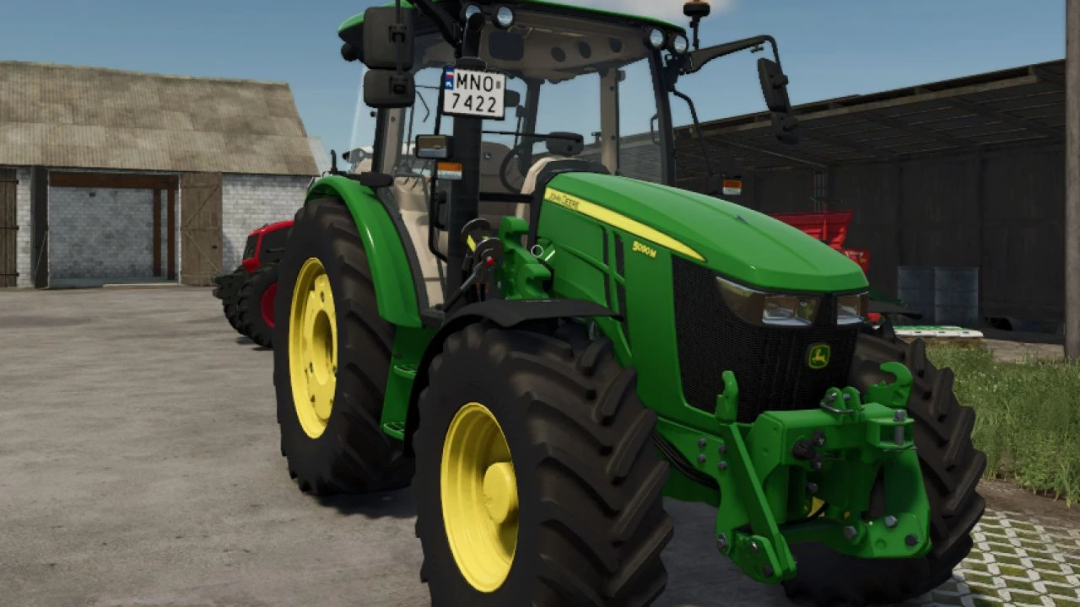 John Deere 5M Series tractor mod for Farming Simulator 25, featuring green body, large tires, and detailed design.