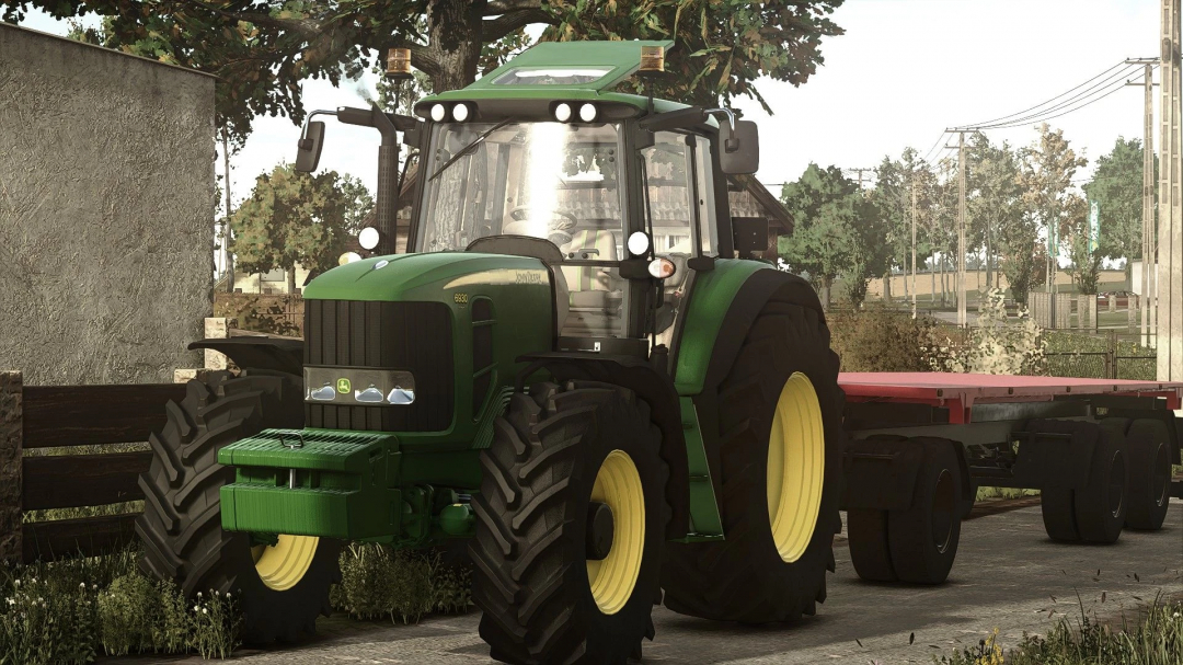 Farming Simulator 25 mod featuring the John Deere 6930 tractor with a red trailer, outdoor setting with trees and power lines.