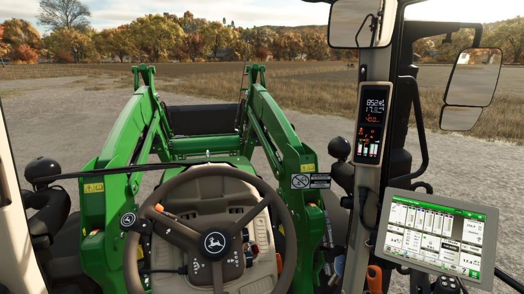 Interior view of a John Deere 6M tractor mod in Farming Simulator 25, showing the steering wheel, digital controls, and display screen.