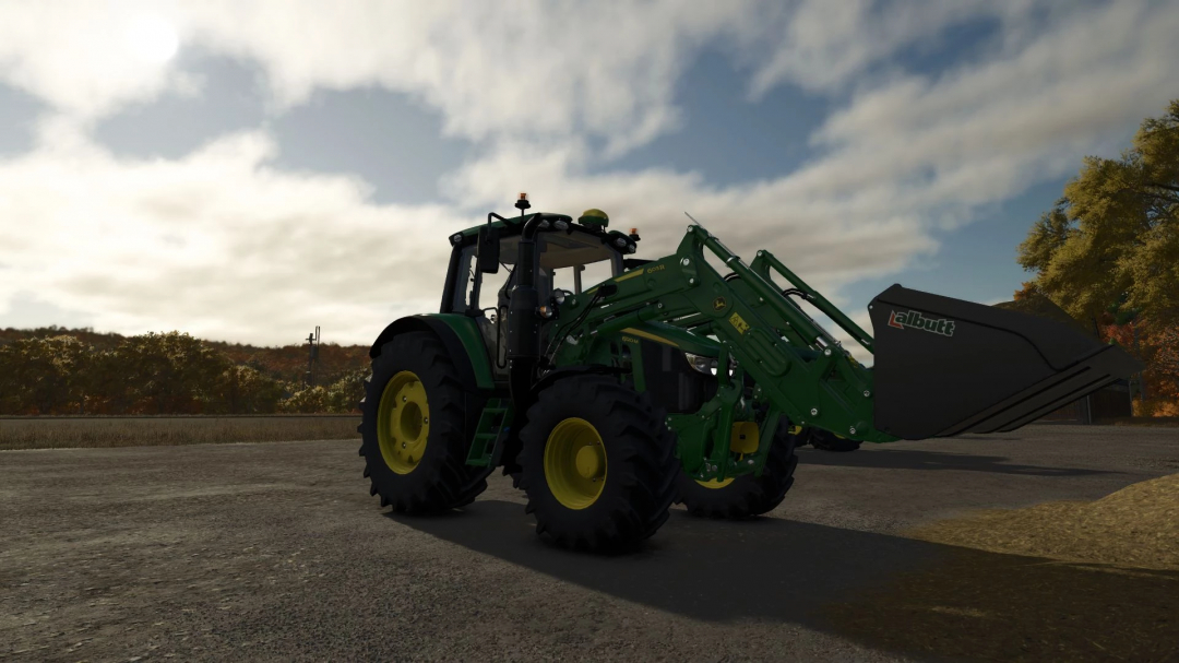 Farming Simulator 25 mod: John Deere 6M tractor with Albutt frontend loader, on a farm road during daytime.