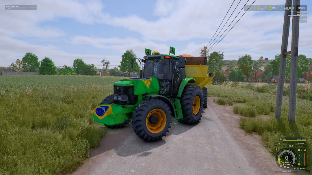 Farming Simulator 25 mod: John Deere 7515 tractor with Brazil-themed decals on a rural dirt road.