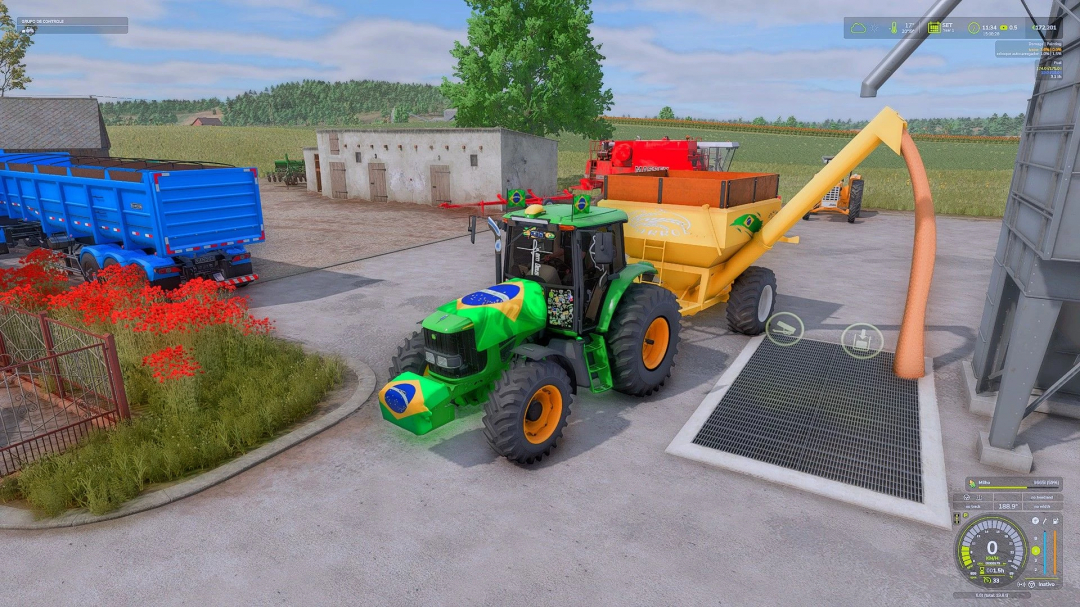 Farming Simulator 25 mod: John Deere 7515 tractor with Brazilian-themed custom decals, transferring silage into a trailer.
