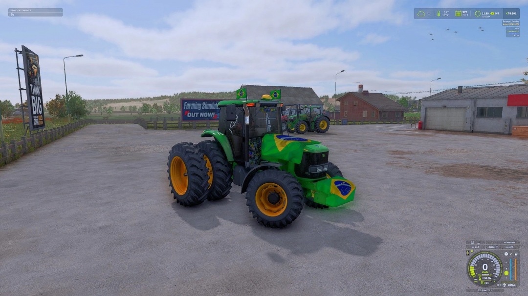 Farming Simulator 25 mod featuring a John Deere 7515 tractor with Brazilian flags, displayed in a farmyard setting.