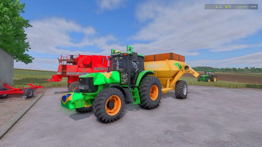 Farming Simulator 25 mod featuring a John Deere 7515 tractor with Brazilian flags, parked on a farm with other equipment and fields in the background.