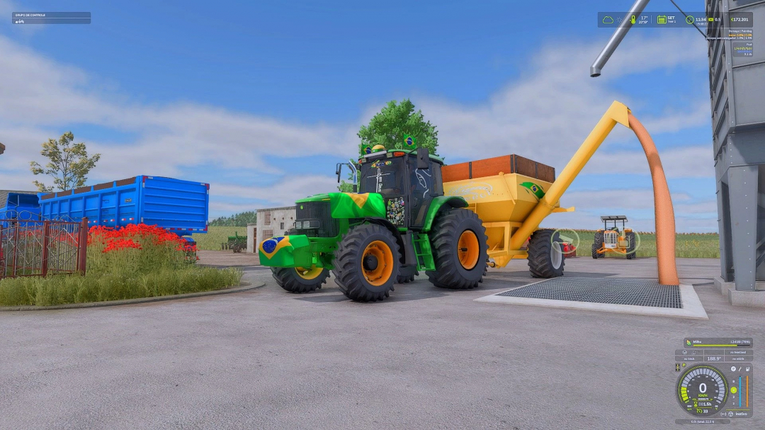 Farming Simulator 25 mod: John Deere 7515 tractor with a grain auger for seed and crop transfer, decorated with the Brazil flag.