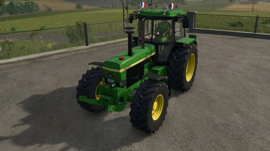 Farming Simulator 25 mod: John Deere 3650 tractor with green body, yellow wheels, and patriotic decorations on the roof.