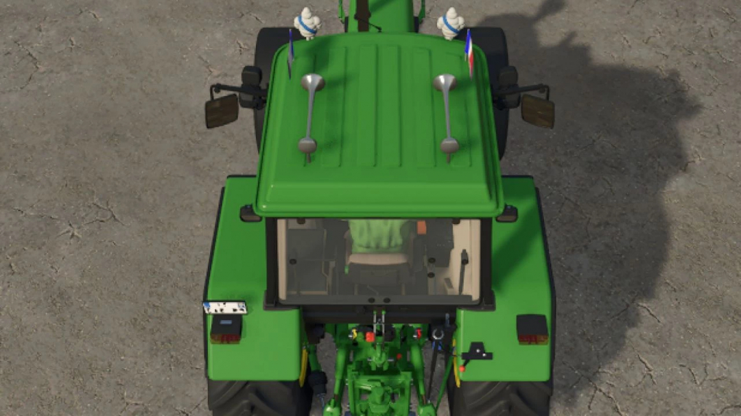 Top view of a green John Deere tractor mod in Farming Simulator 25, showcasing the detailed front and cab area.