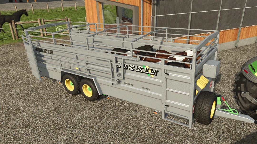 Farming Simulator 25 mod: Joskin Betimax RDS 7500 livestock trailer with cows, designed for realistic farm management in FS25.