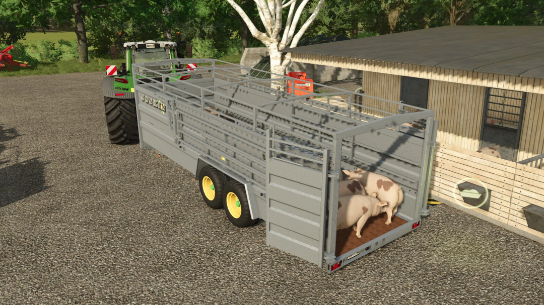 Farming Simulator 25 mod: Joskin Betimax RDS 7500 trailer with pigs, attached to a tractor, in a farmyard setting.