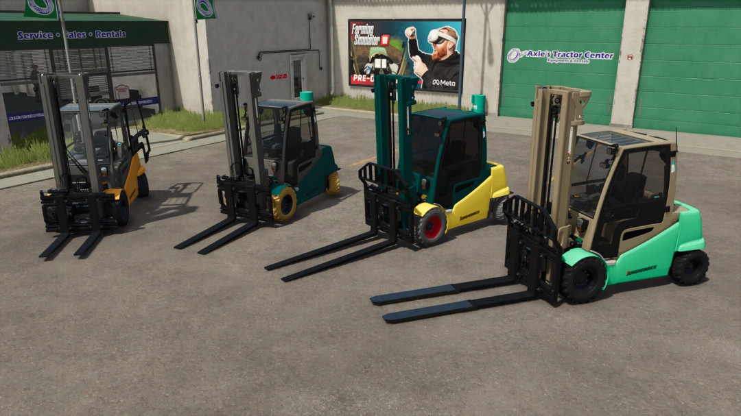 Four Jungheinrich EFG S50 forklifts from Farming Simulator 25 mods parked outside a dealership.