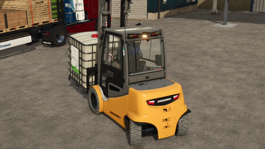 Farming Simulator 25 mod: Jungheinrich EFG S50 Pack v1.0.0.0 forklift carrying a container.