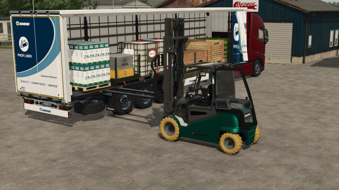 Farming Simulator 25 mod: Jungheinrich EFG S50 forklift loading pallets and containers on a truck.