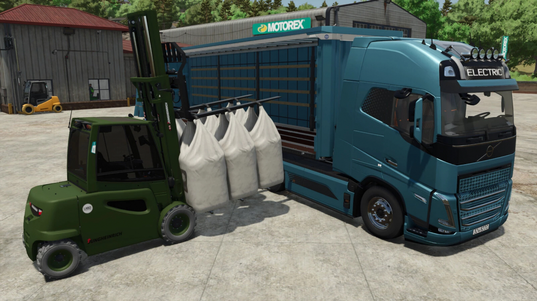 Farming Simulator 25 mod image featuring a Jungheinrich EFG S50 electric forklift loading bags onto a flatbed truck.