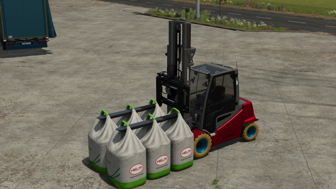 Farming Simulator 25 mod: Jungheinrich EFG S50 forklift with leaf bags for crop storage or transport, in an industrial yard setting.