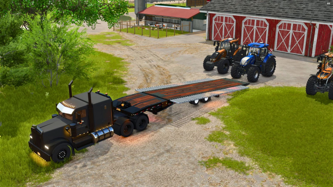 Farming Simulator 25 mod showcasing a flatbed trailer with wooden planks on a farm yard, alongside tractors near barn and animal pens.