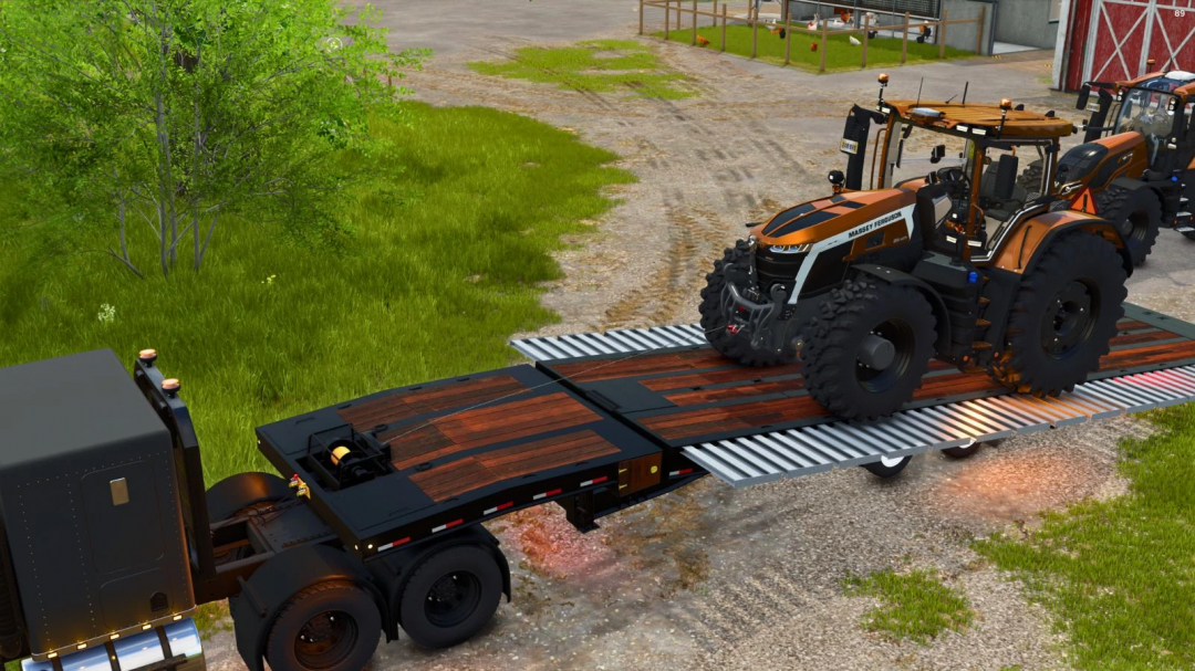 Farming Simulator 25 mod: Massey Ferguson tractor on a flatbed trailer with forestry equipment, showcasing the Kalyn Siebert 48 ft Tilt Deck v1.0.0.0.