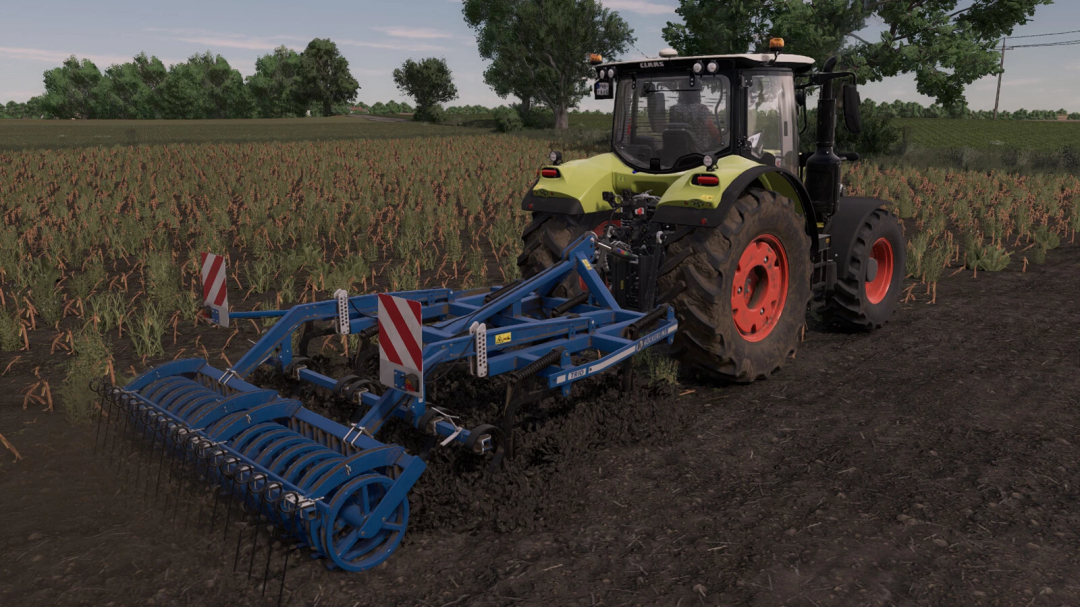 Farming Simulator 25 mods: tractor with Köckerling TRIO 300 M v1.0.0.0 mod attached, cultivating the field in Farming Simulator 25.