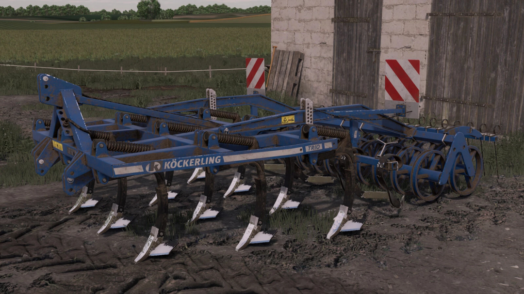 Köckerling TRIO 300 M v1.0.0.0 in Farming Simulator 25, a blue soil tillage mod with disc harrows, used for preparing fields.