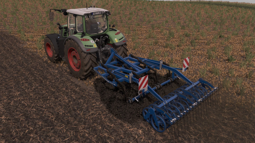 Farming Simulator 25 mod featuring Köckerling TRIO 300 M agricultural equipment attached to a tractor on a field.
