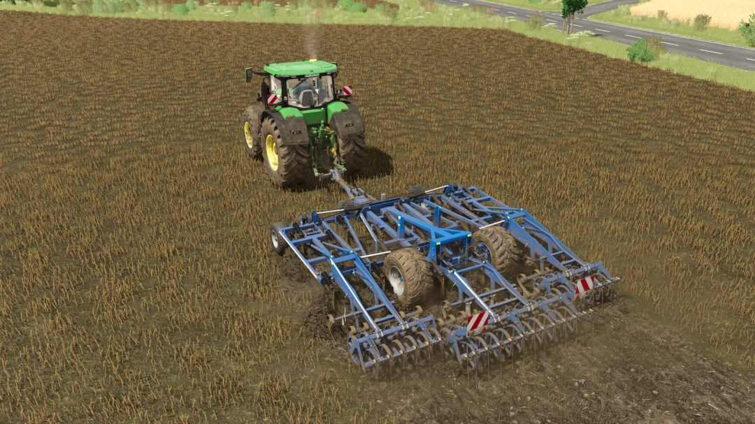 Farming Simulator 25 mod: Tractor pulling a blue Köckerling Vector 570/800 cultivator in a field.