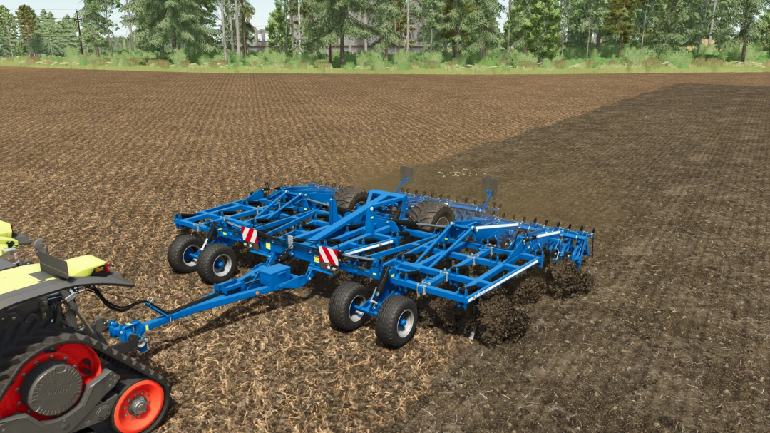 Farming Simulator 25 mod: blue Köckerling Vector 570/800 soil cultivator working on a field with trees in the background.