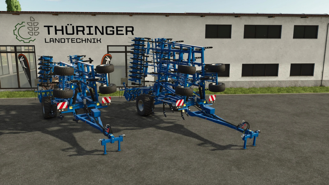 Farming Simulator 25 mods: Köckerling Vector 570/800 blue soil cultivator machines parked outside THÜRINGER LANDTECHNIK building.